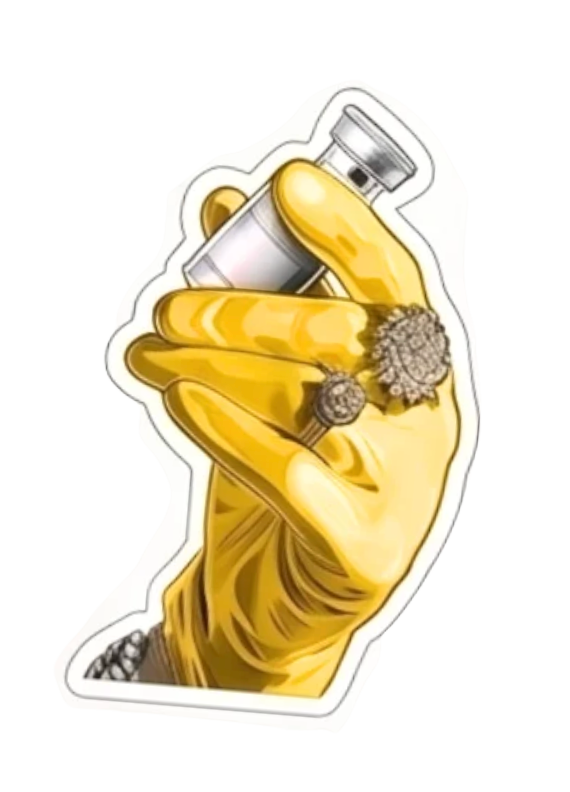 Yellow gloved hand holding a vial